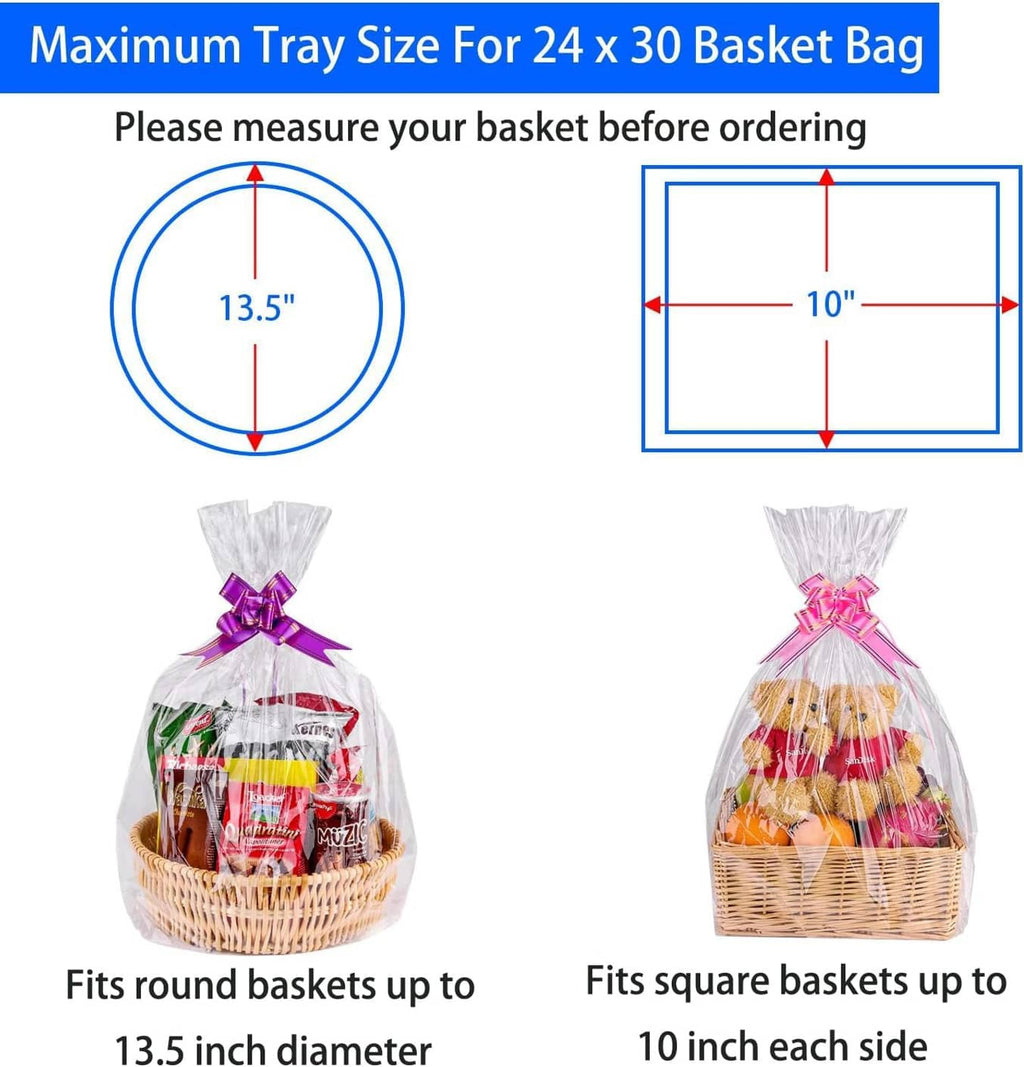 Clear cellophane basket bag with purple bow, size guide for round and square baskets.