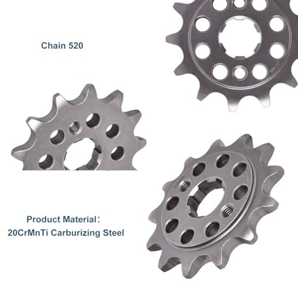13-tooth front sprocket set view, dark gray steel for 520 chain, bolt holes