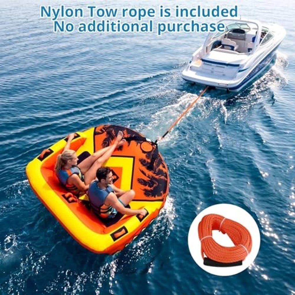Orange inflatable tow tube with included nylon tow rope and black palm-pattern seating