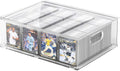 Clear plastic trading card storage box with rows of sleeved cards and side carry handle