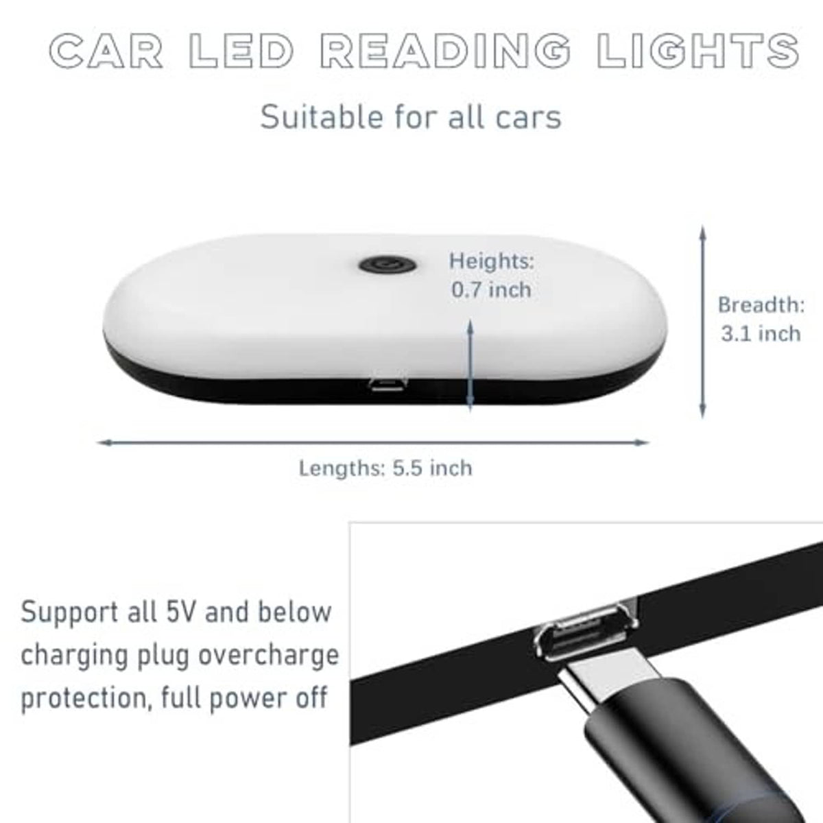 White oval LED car reading light with size guide, low-profile dome housing.