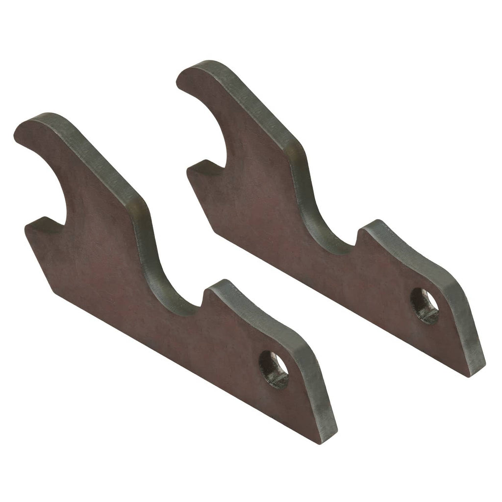 Two dark steel bucket ear attachments with curved top slots and circular mounting holes