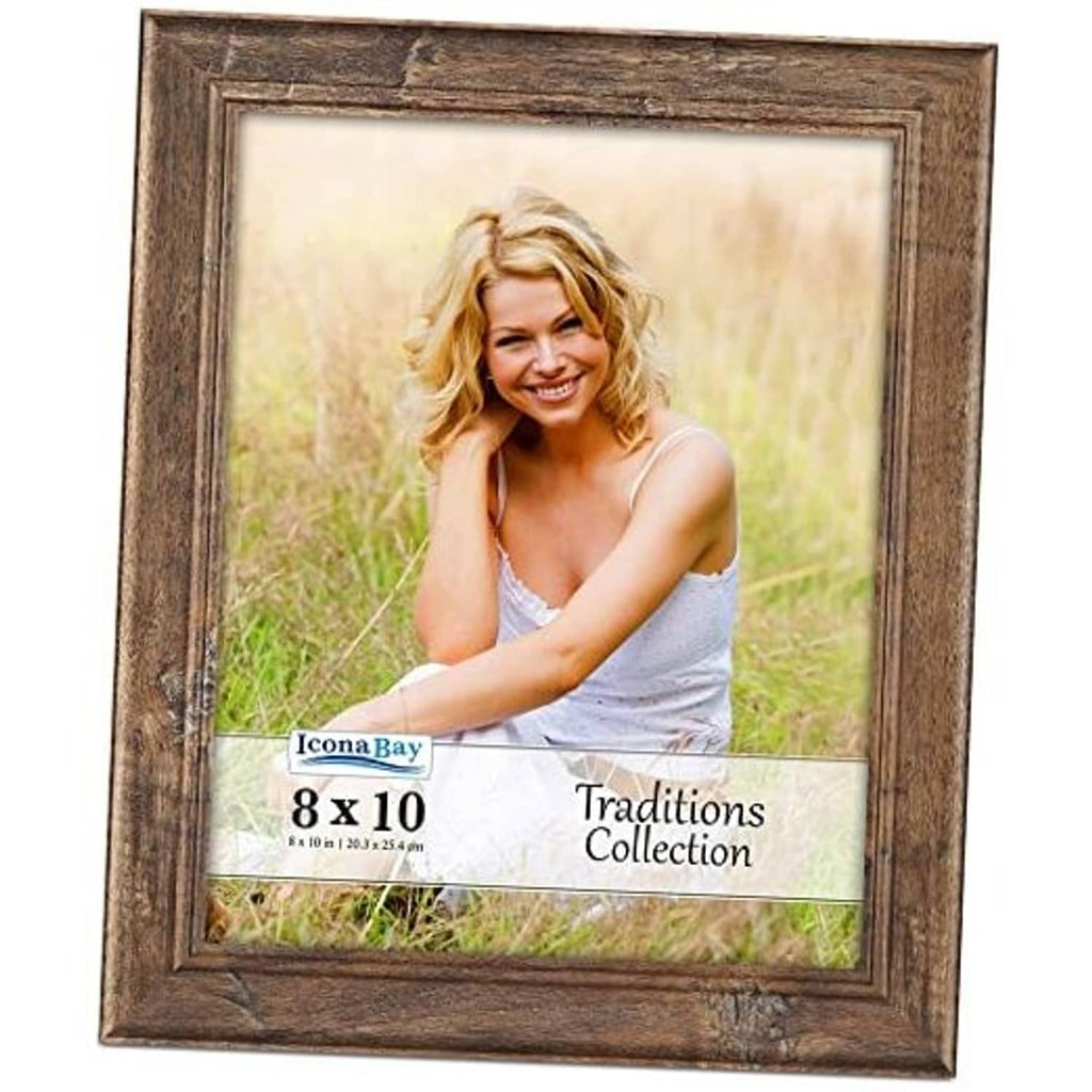 8x10 rustic wood picture frame in chestnut brown, front view with glass opening