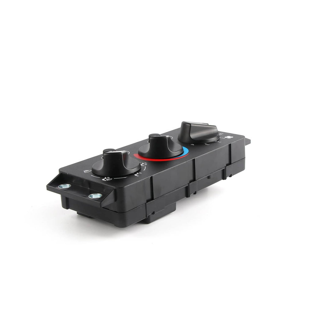 A/C climate control module top view with three raised black switches and blue/red dial