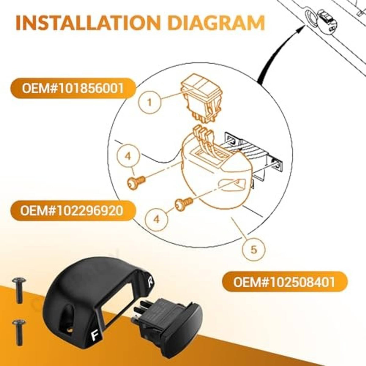 Forward-reverse switch kit with rocker housing, plug, and wiring diagram parts