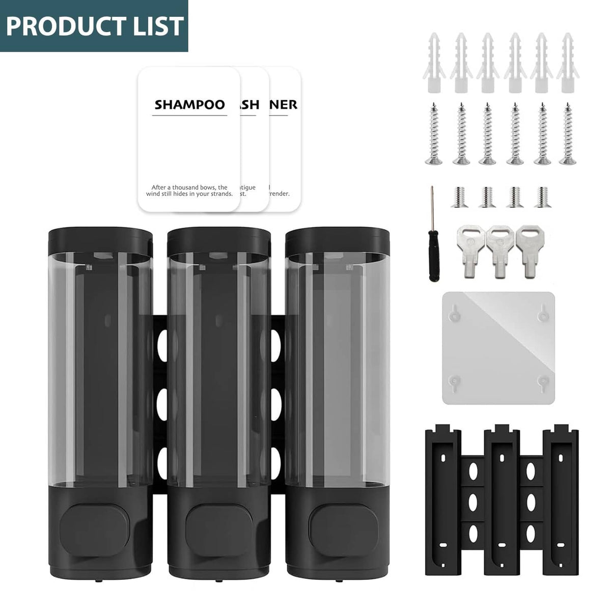 Black 3-chamber dispenser set with installation screws, anchors, and mounting plate