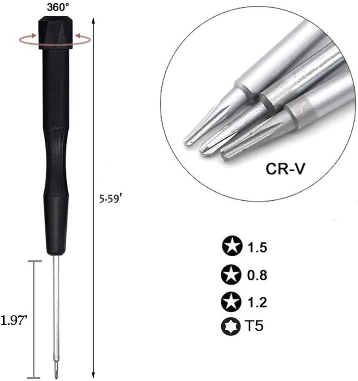 CR-V pentalobe screwdriver set with five-point star tips sized 0.8, 1.2, 1.5, and T5