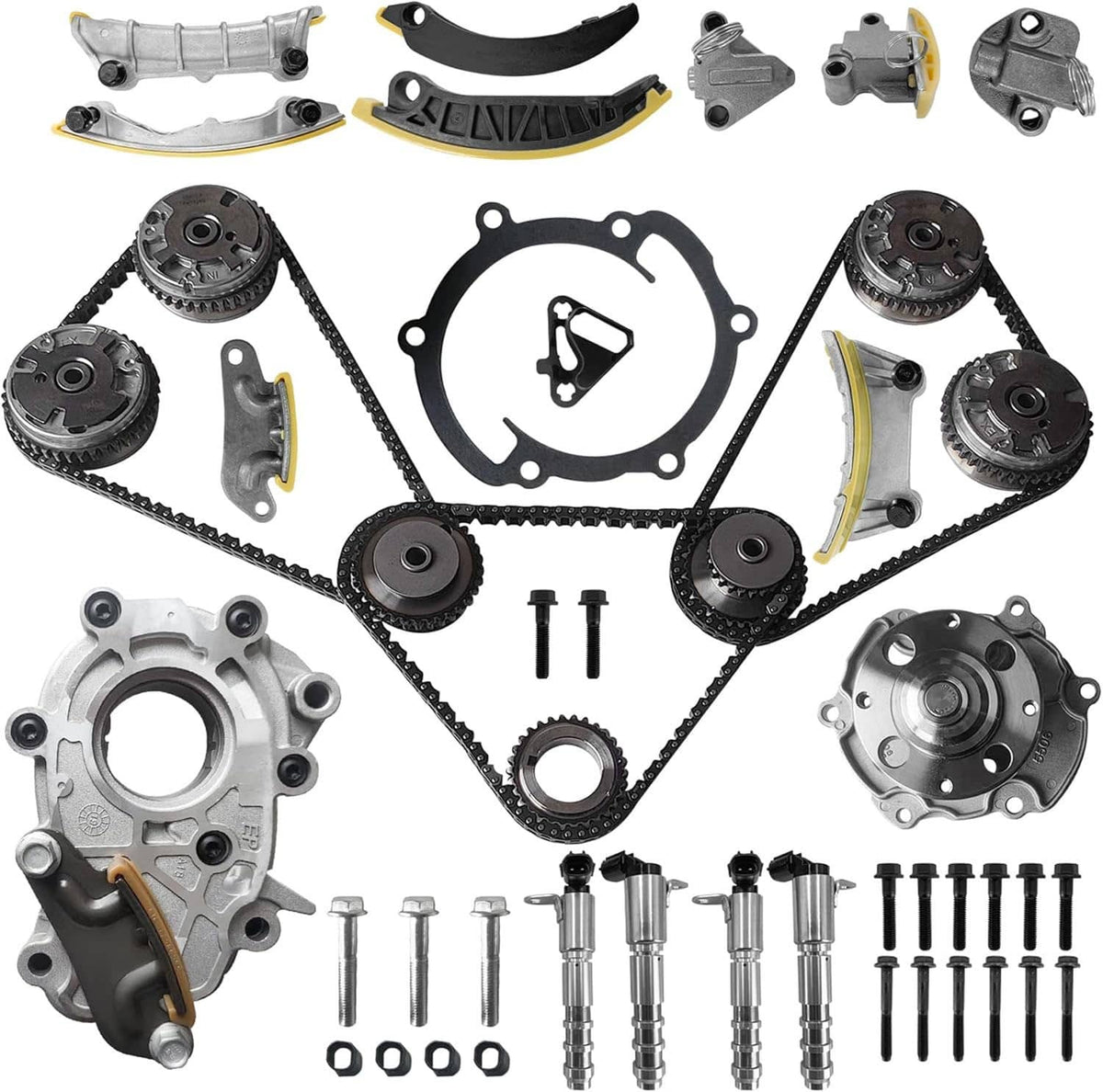 Timing chain kit parts set with metal sprockets, guides, water pump, bolts and gaskets