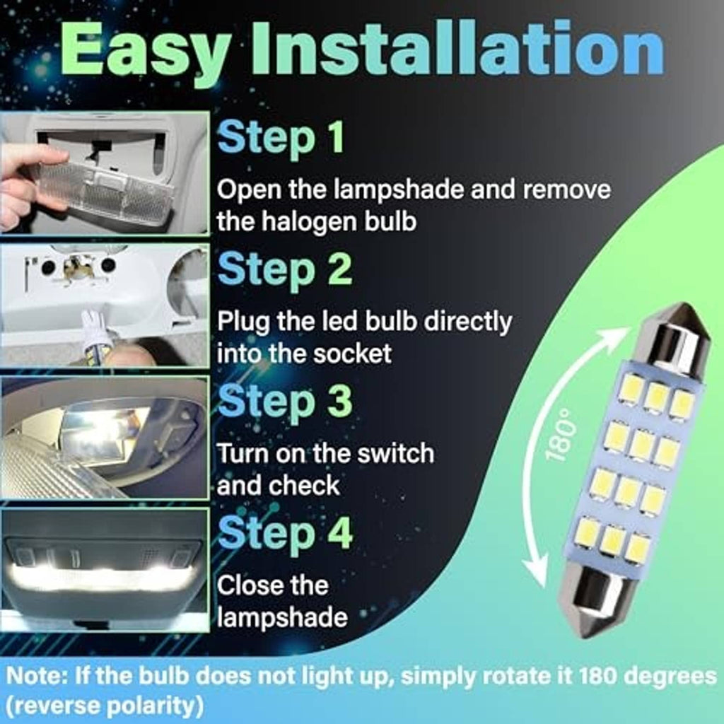 Dome light bulb inserted into a vehicle light socket, chrome cap and white LED board