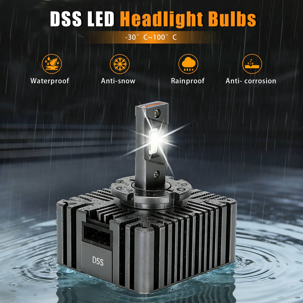 D5S LED headlight bulbs with bright LED module on a water-splash backdrop