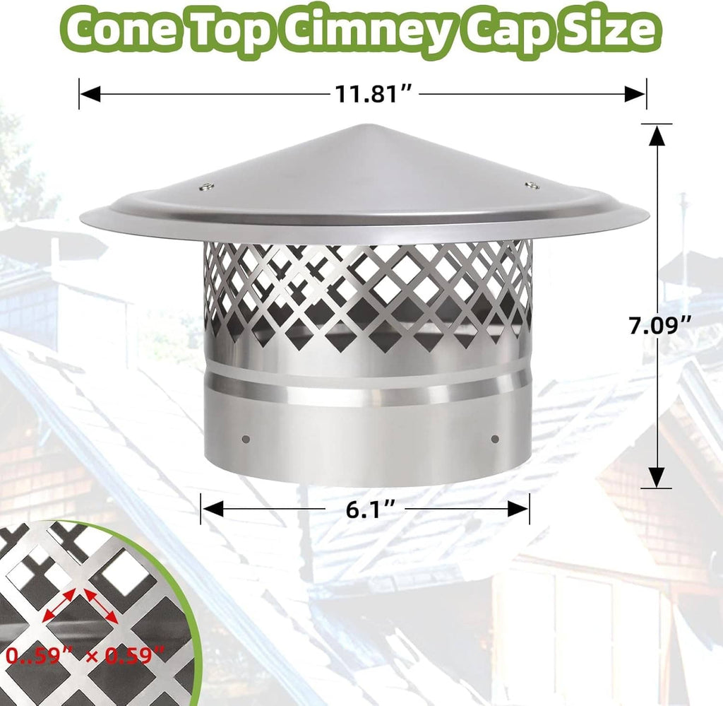 Cone-top chimney cap with rhombus screen and wide round base