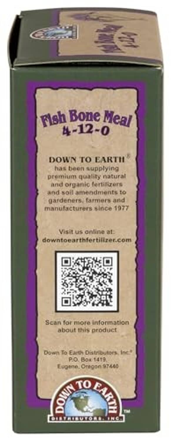 Top-to-front panel of fish bone meal fertilizer box with QR code info