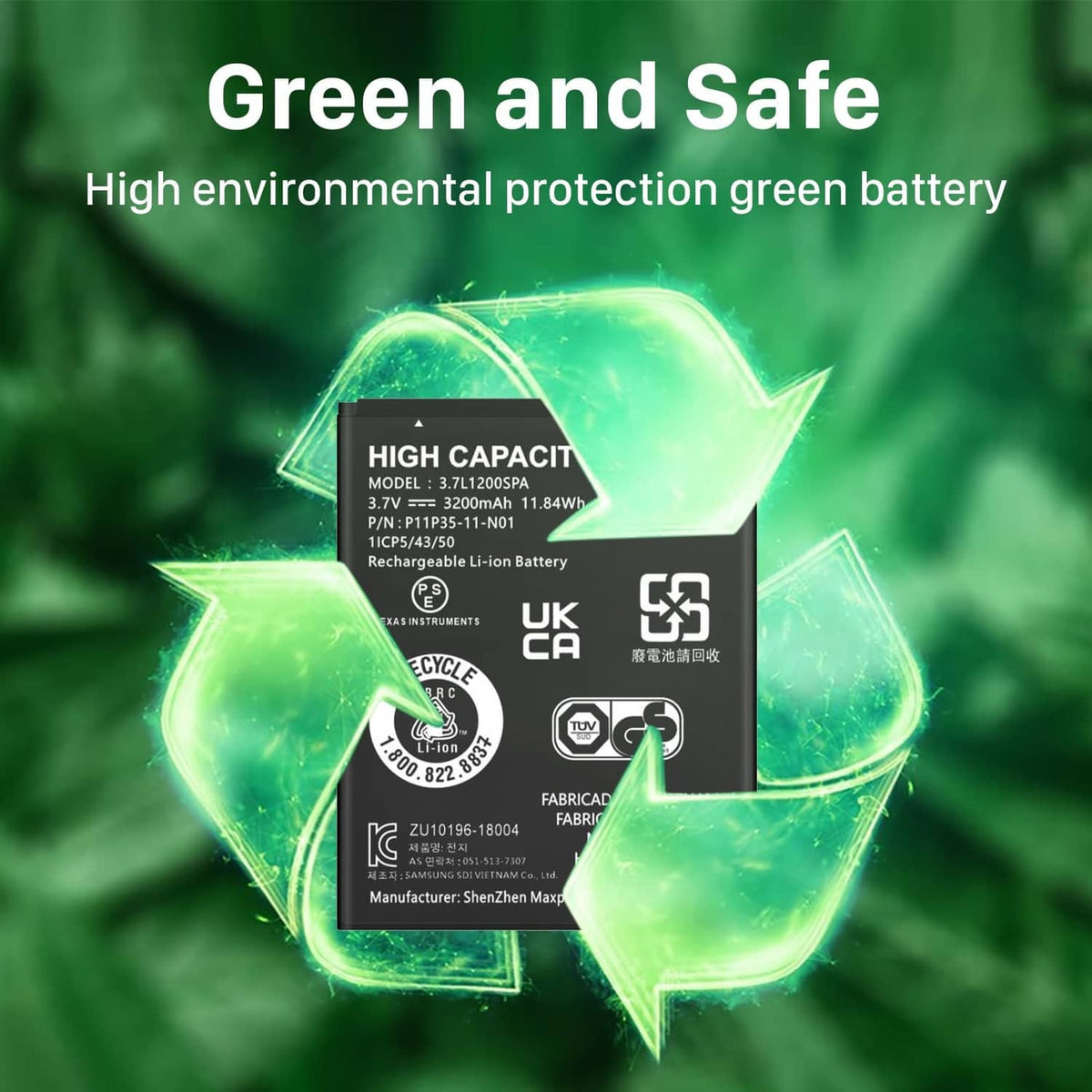Black rechargeable Li-ion battery with recycle symbol on label