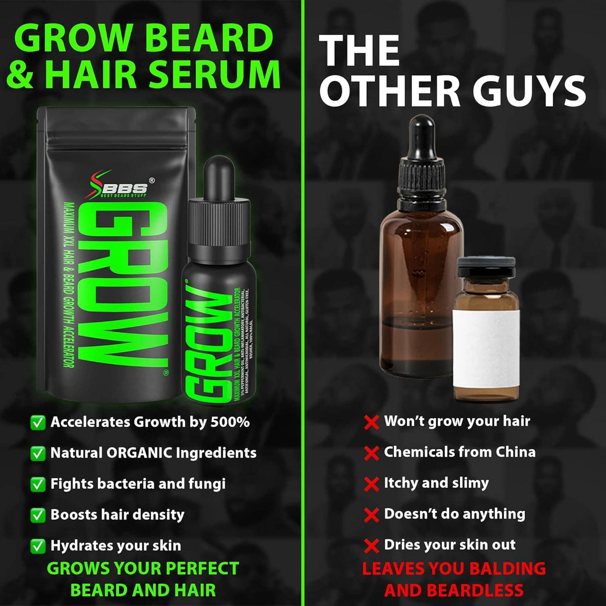 Beard growth serum pouch and dropper bottle set, black packaging with neon green branding