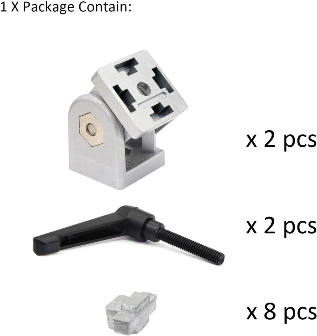 Aluminum extrusion pivot joint connectors, screws, and T-nuts in a set of 2