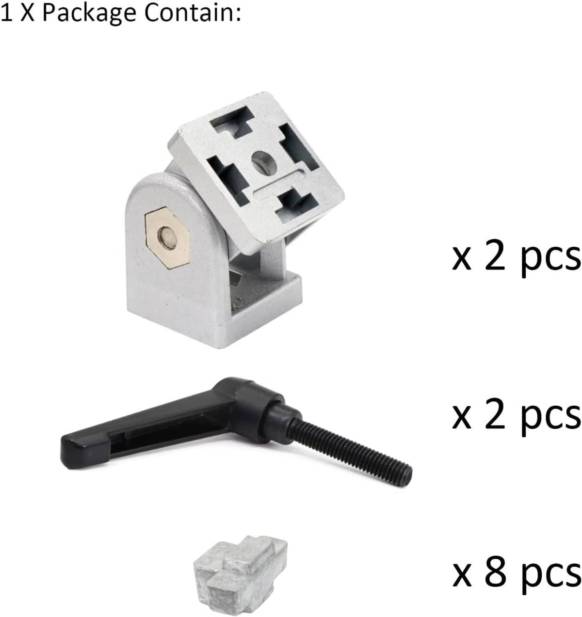 Aluminum extrusion pivot joint connectors, screws, and T-nuts in a set of 2