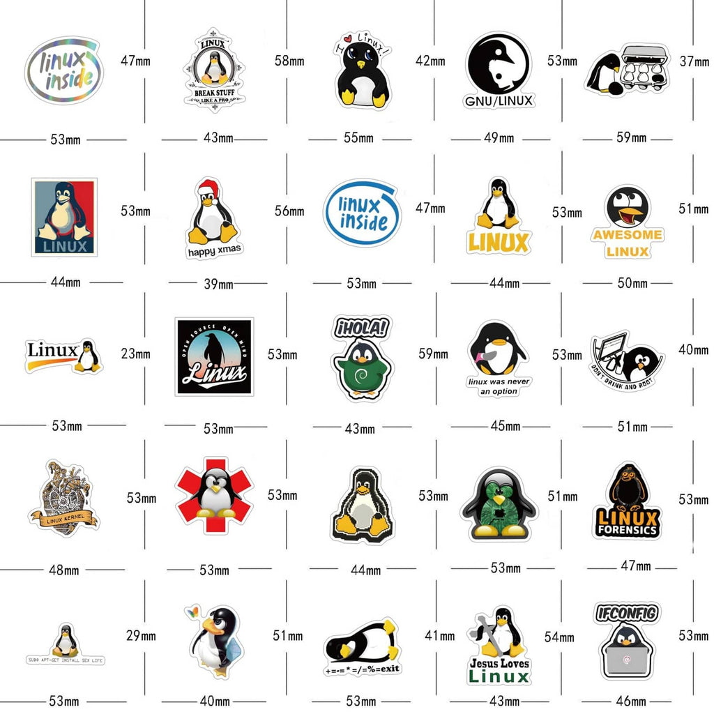 Set of assorted Linux waterproof stickers with printed size measurements in a grid layout