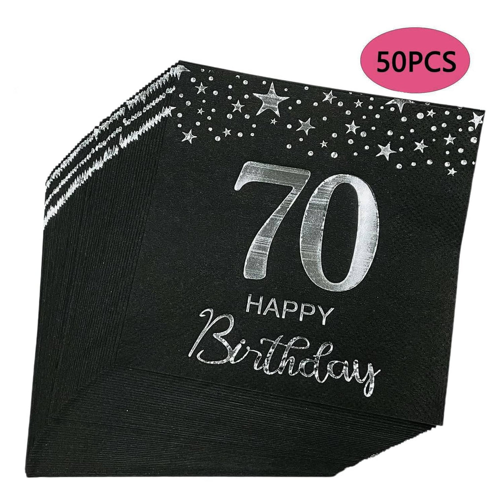Black 70th birthday napkin pack with star pattern and silver “70 Happy Birthday”