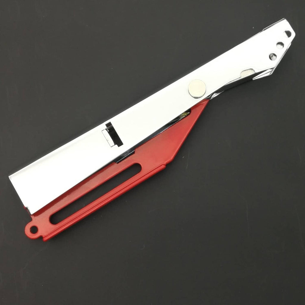 Red and silver welding torch striker with side slot and circular striker plate