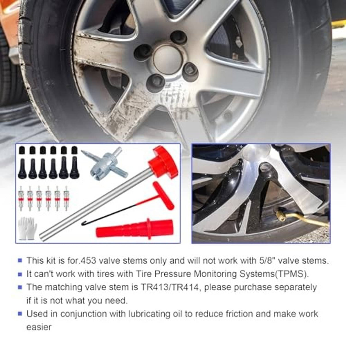 Valve stem core replacement kit with metal insertion tool, red parts, and valve cores