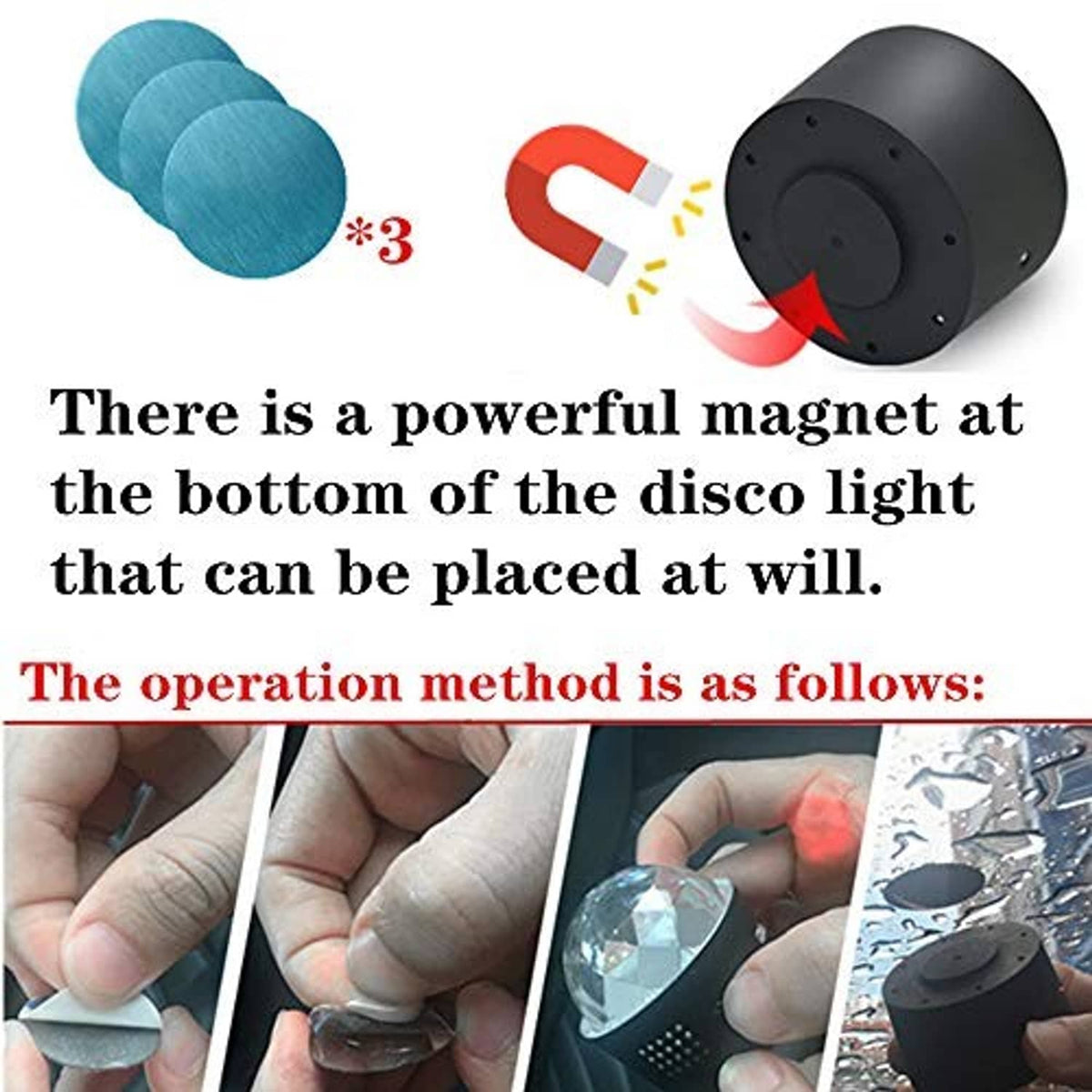 Mini disco light bottom with built-in magnet, matte black base underside close-up