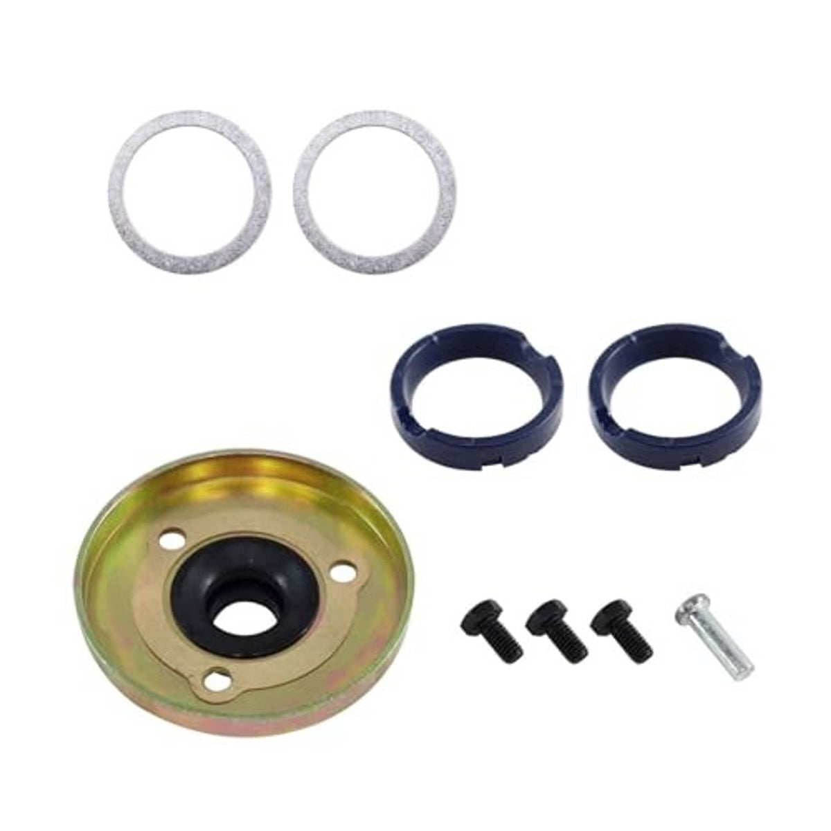 Manual transmission shift re-build kit with metal plate, blue retaining rings, gaskets, and bolts