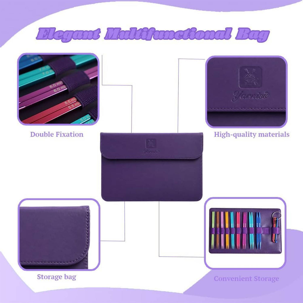 Purple storage bag for square knitting needles with compartments and snap closure