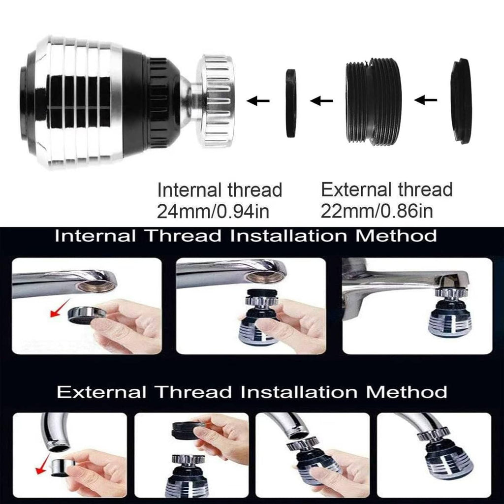 Faucet aerator sprayer showing internal and external thread connections for installation