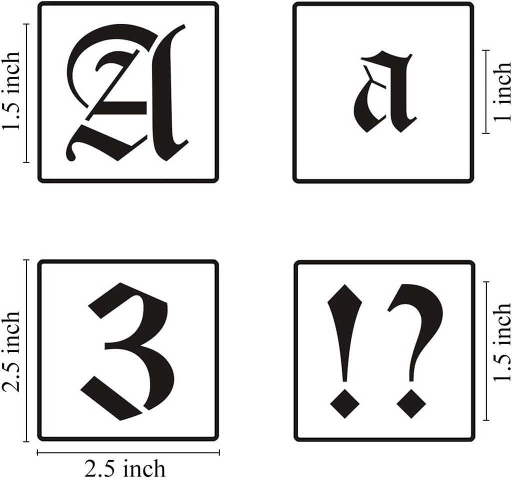 Old English alphabet stencil tiles with 1.5 inch size indicators and symbol examples
