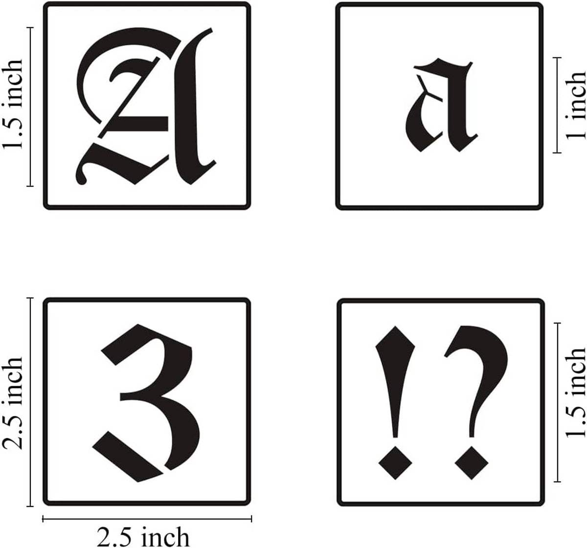 Old English alphabet stencil tiles with 1.5 inch size indicators and symbol examples