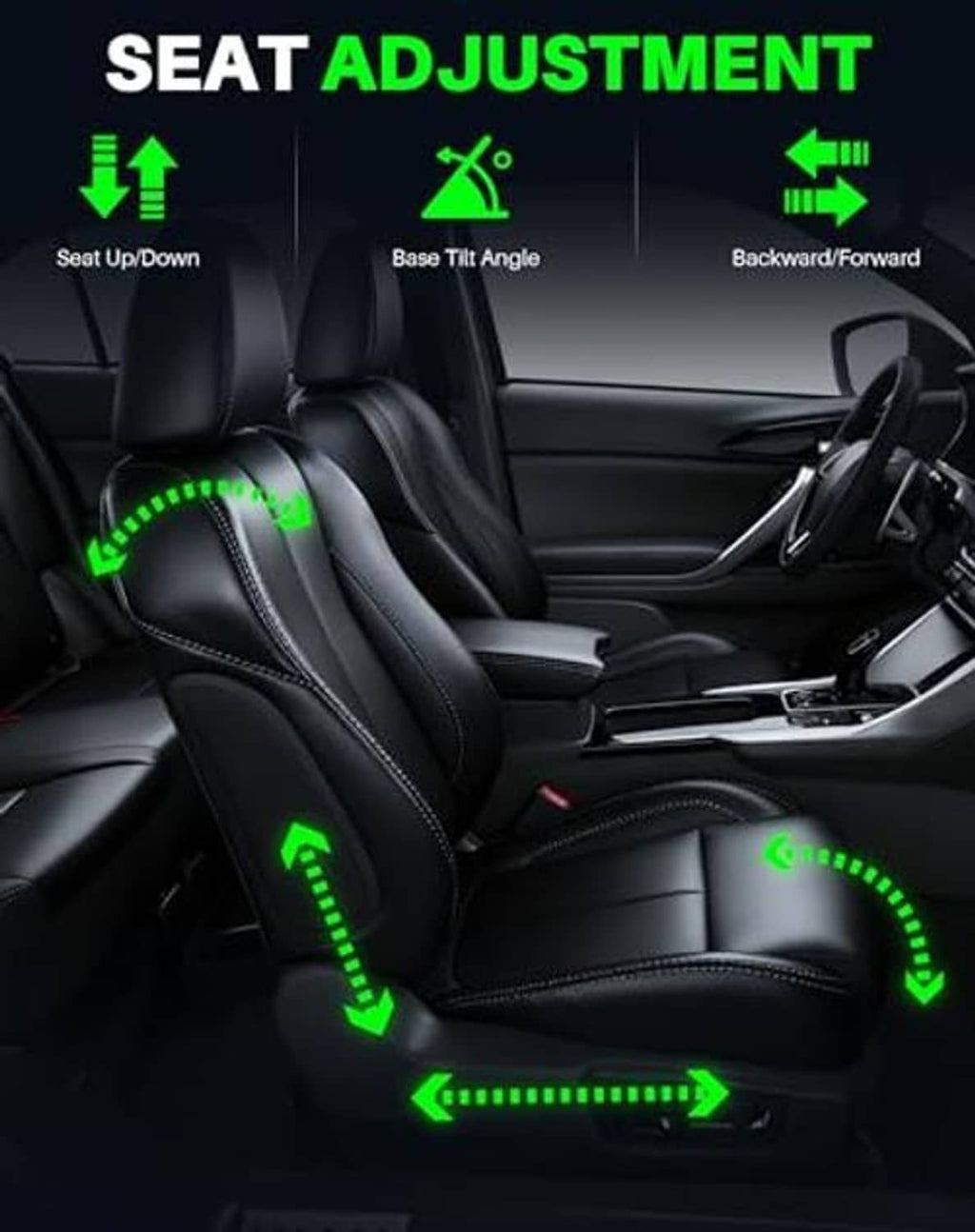 Car seat with power adjustment icons for seat up/down, tilt, and forward/back