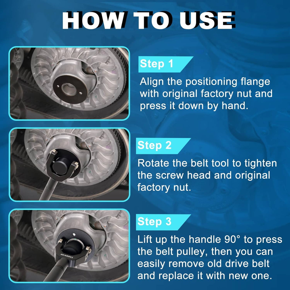 Belt changing tool shown aligning and tightening on secondary clutch for belt change