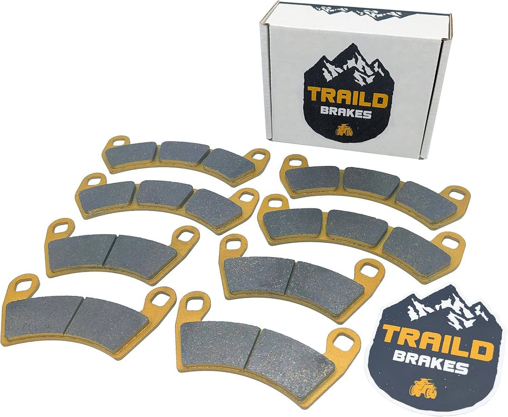 Ceramic brake pad set: multiple gray pads with gold backing plates and Trail Brakes box