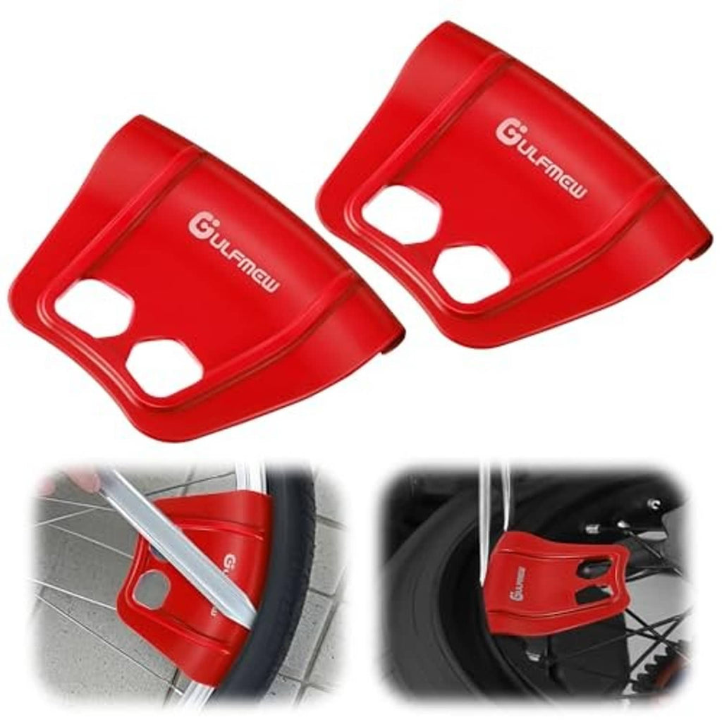 Pair of red wheel rim protectors with rectangular cutouts and curved edges for tire work.