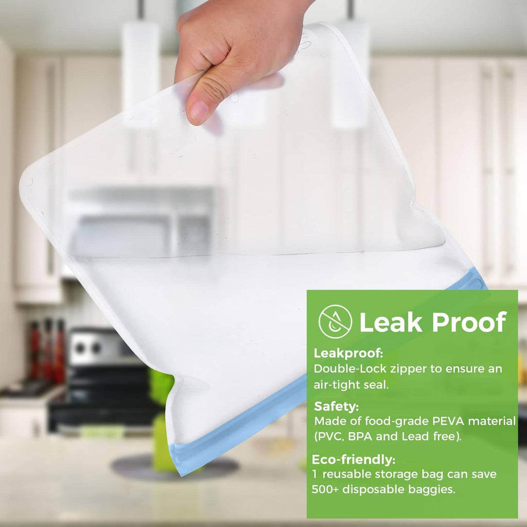 Reusable freezer storage bag held upright with a blue seal and leakproof zipper