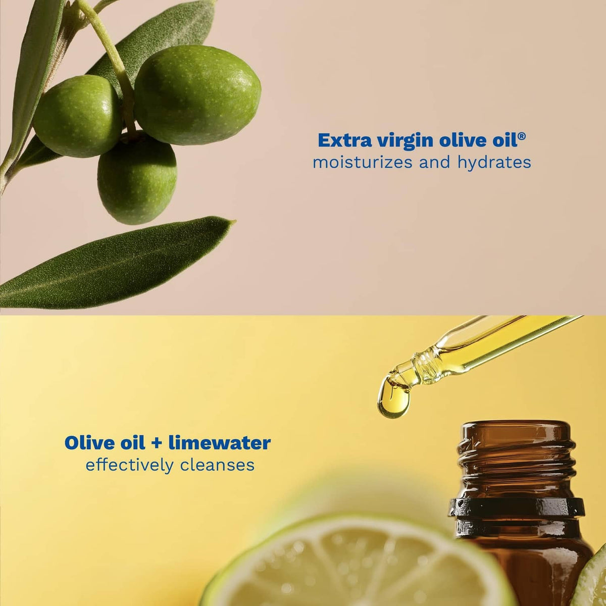 Olive oil and limewater ingredient scene with amber dropper for baby cleanser