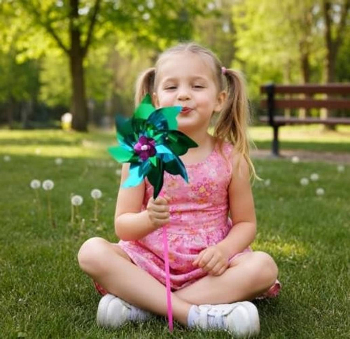 Kids holding a multicolor plastic pinwheel on a pink stick outdoors