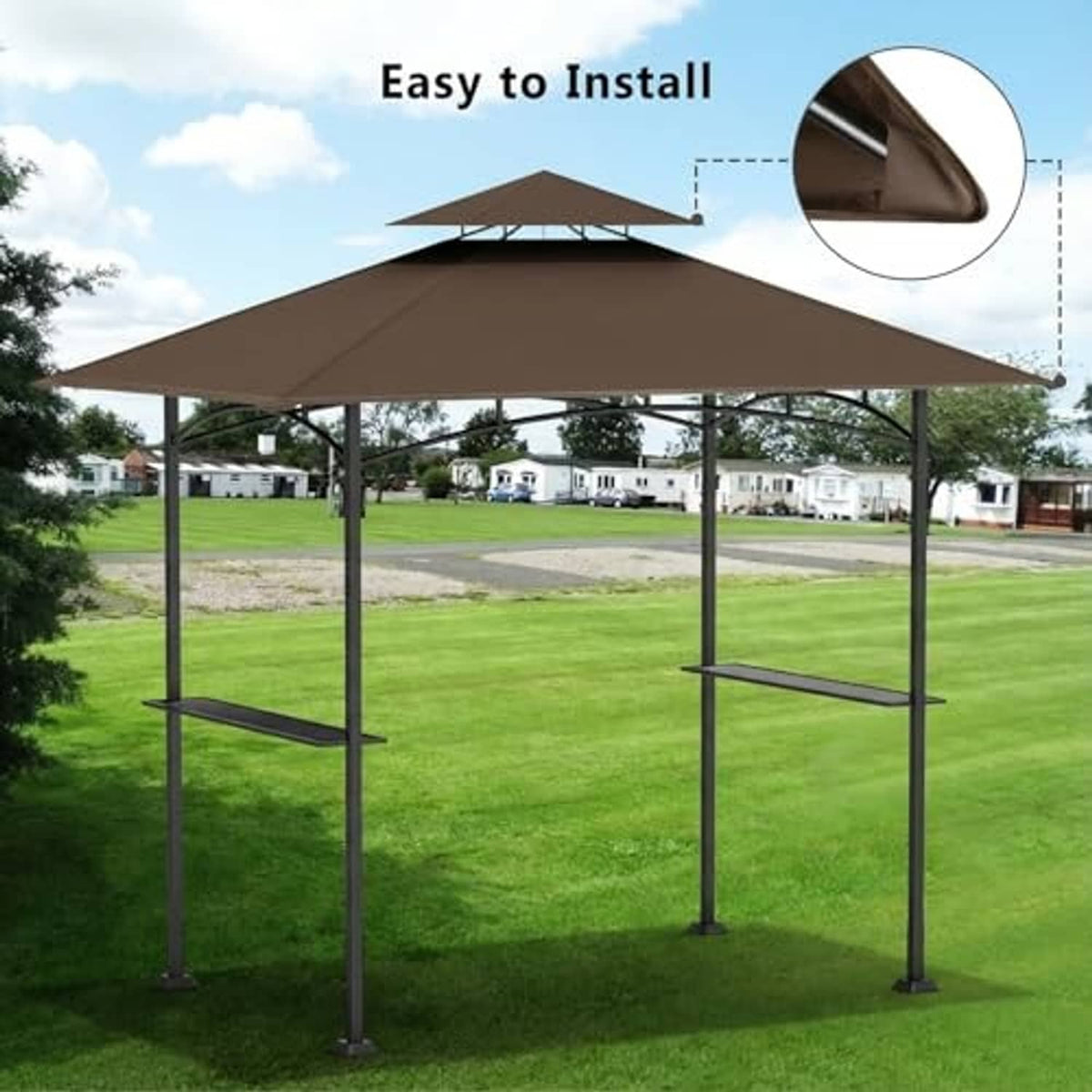 Brown gazebo replacement canopy top with metal posts in an outdoor lawn setting