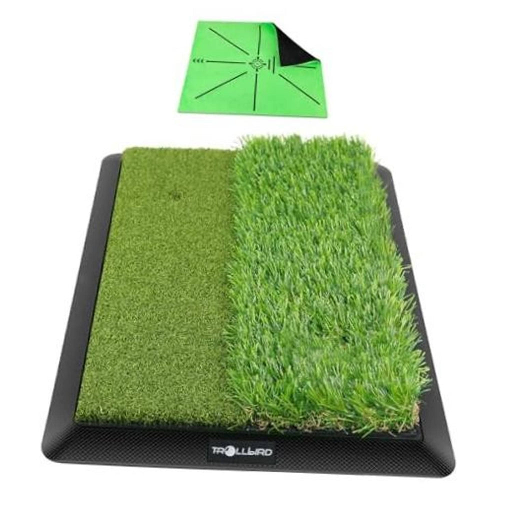 Dual-turf golf hitting mat with green turf surface, black non-slip base, replaceable velvet insert