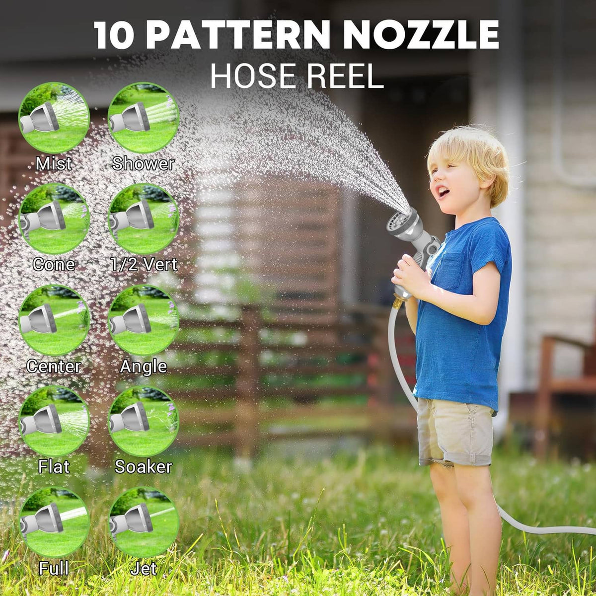 Hose reel sprayer nozzle with multiple spray patterns for rinsing