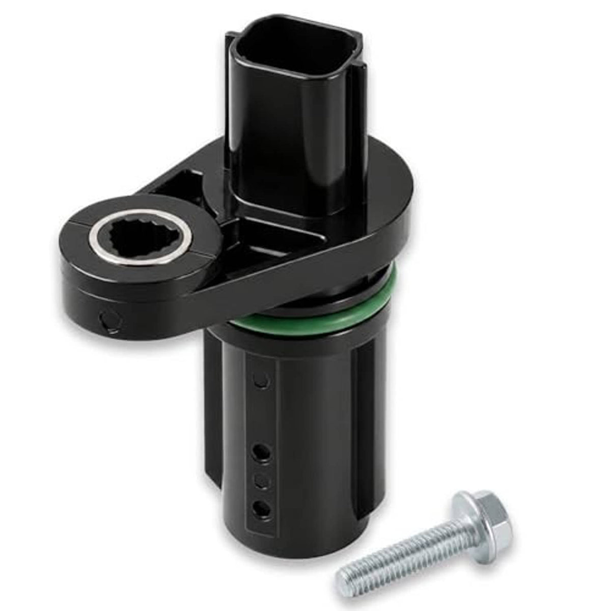 Black crankshaft position sensor with green O-ring, 3-pin connector, and mounting bolt
