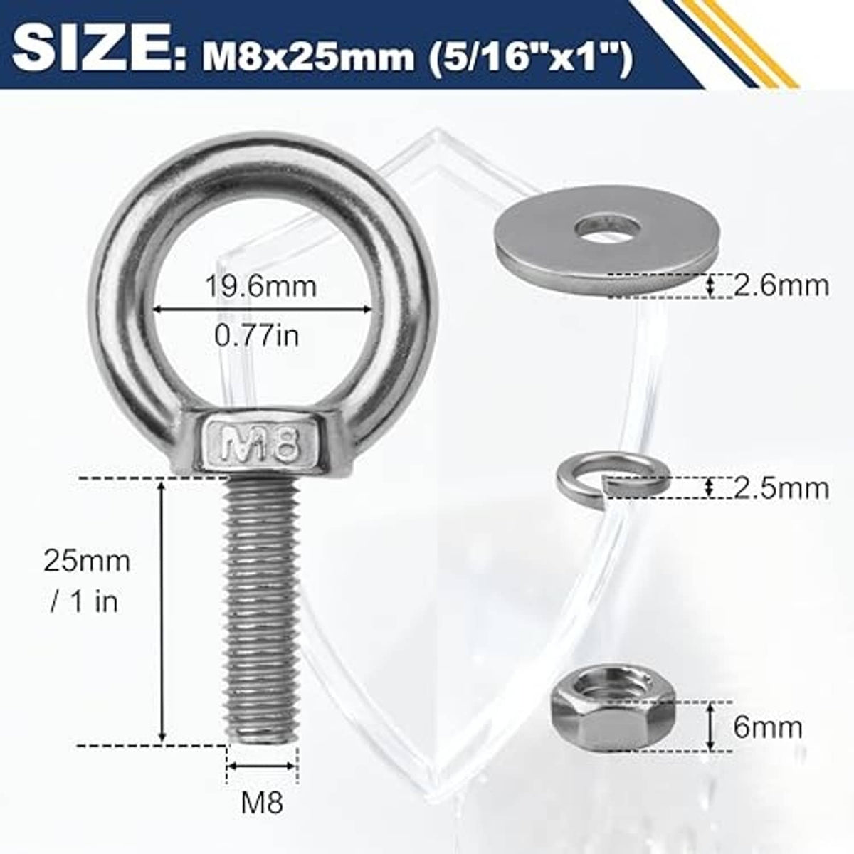 M8 stainless steel eye bolt with washer and nut, ring and threaded shank shown