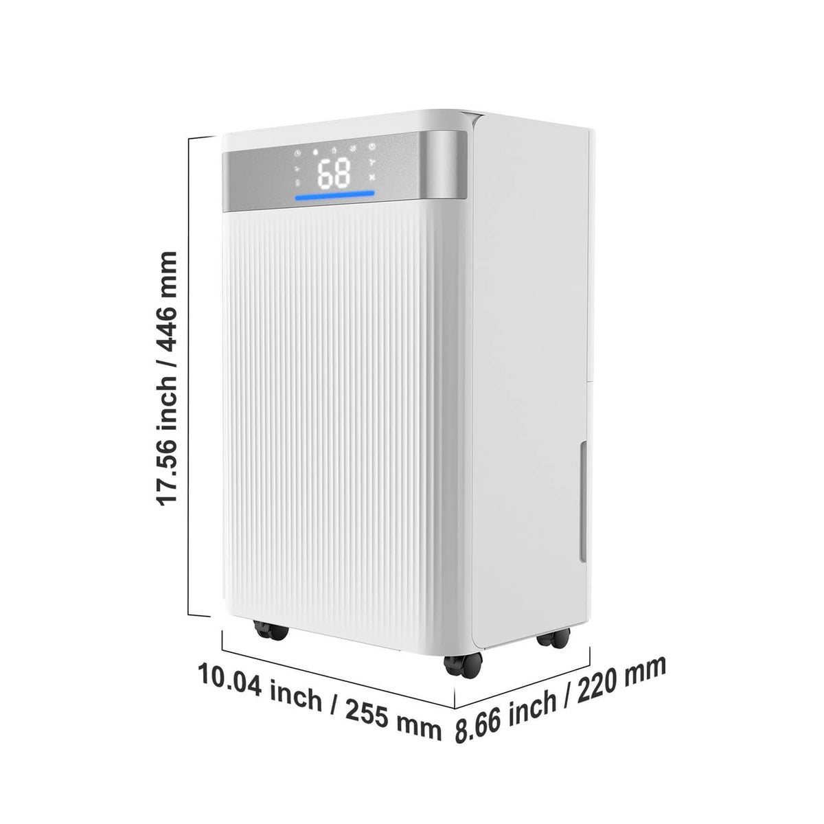 White Uimoso 35-pint dehumidifier 3D side view with front LED humidity display