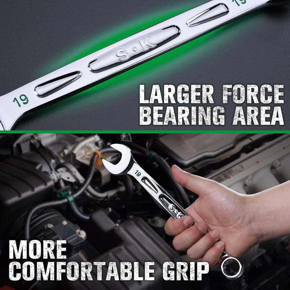Combination wrench with 19mm marking and grip, 12-point chrome head