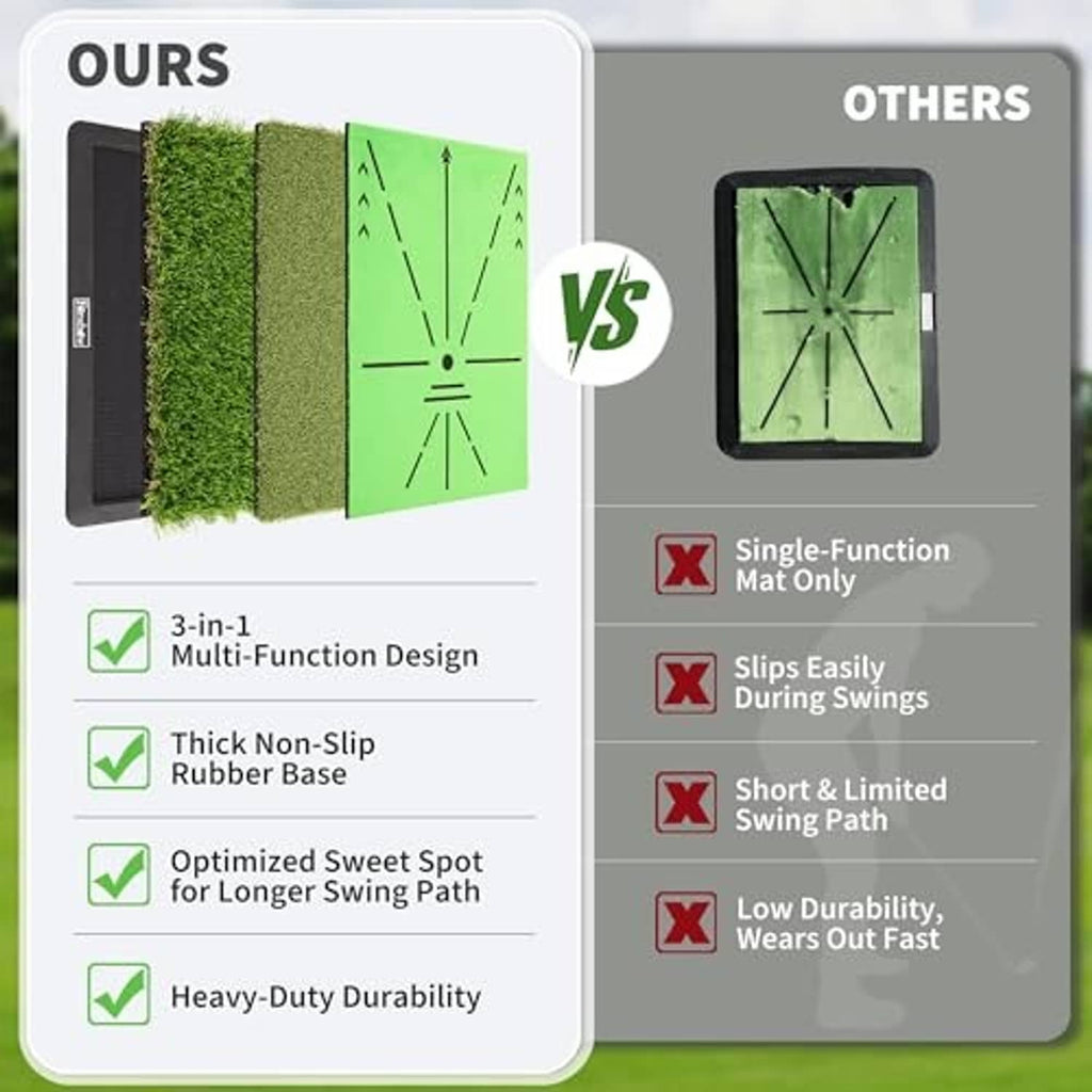 Golf hitting mat with layered turf strips and green divot board, anti-slip rubber base