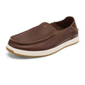 Men's brown leather slip-on sneakers with woven toe and white midsole