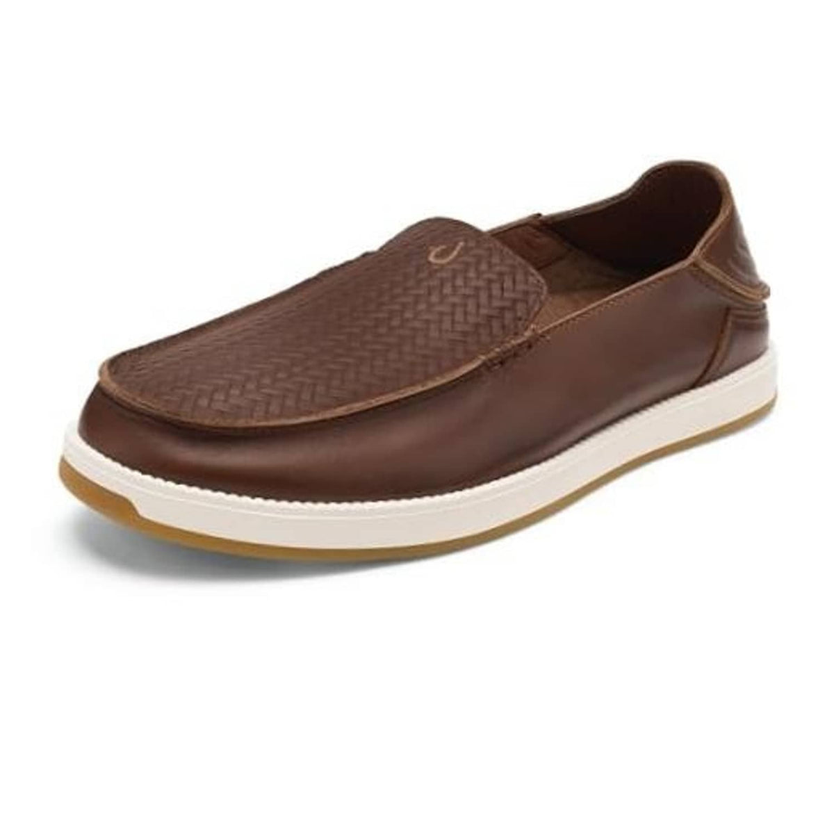 Men's brown leather slip-on sneakers with woven toe and white midsole