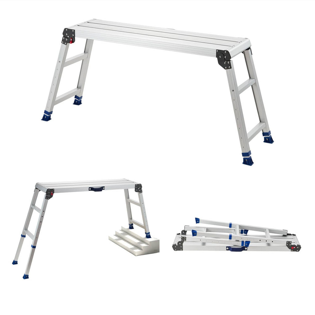 Folding work platform stool with adjustable legs, white aluminum frame, blue foot pads