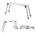 Folding work platform stool with adjustable legs, white aluminum frame, blue foot pads