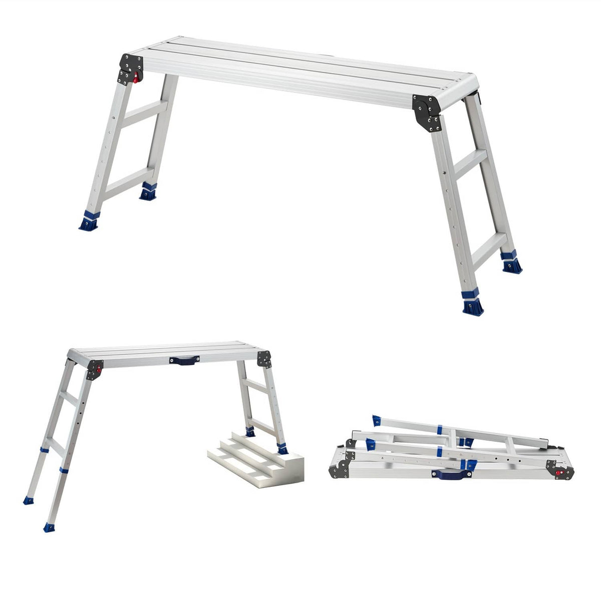 Folding work platform stool with adjustable legs, white aluminum frame, blue foot pads